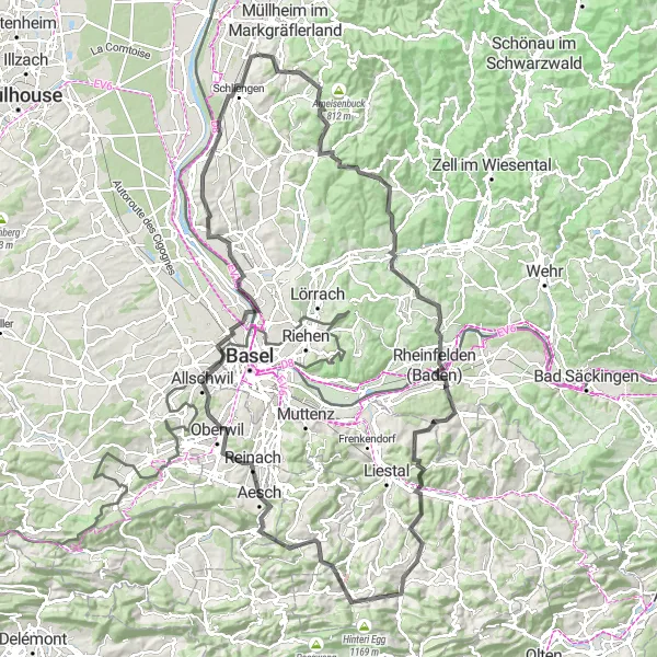 Map miniature of "Ultimate Road Cycling Challenge near Auggen" cycling inspiration in Freiburg, Germany. Generated by Tarmacs.app cycling route planner