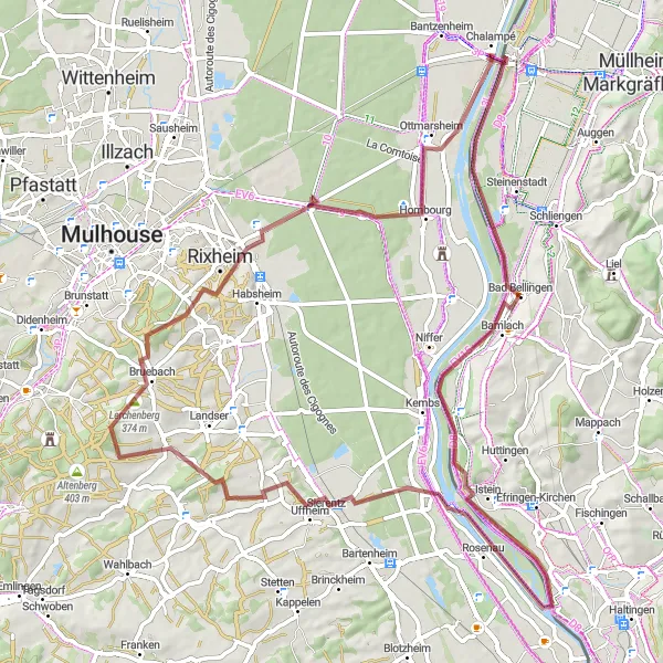 Map miniature of "The Gravel Adventure" cycling inspiration in Freiburg, Germany. Generated by Tarmacs.app cycling route planner