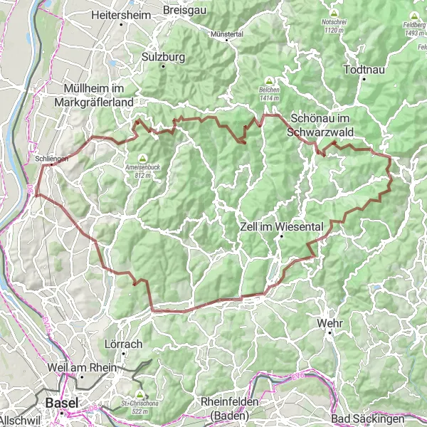 Karten-Miniaturansicht der Radinspiration "Gravelabenteuer durch den Schwarzwald" in Freiburg, Germany. Erstellt vom Tarmacs.app-Routenplaner für Radtouren