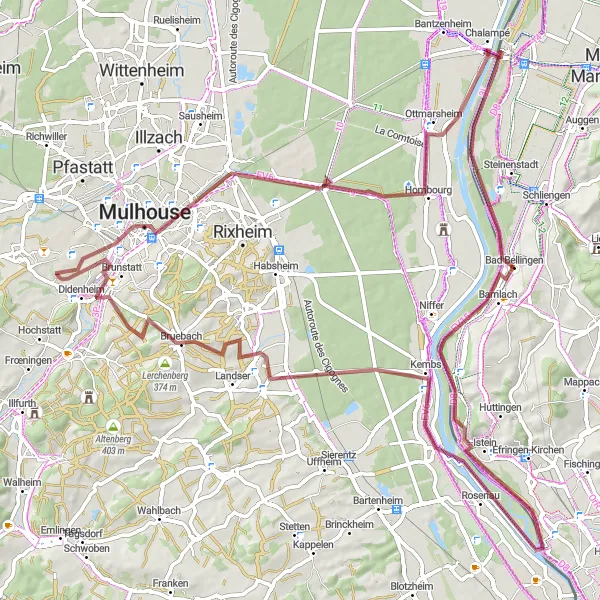 Map miniature of "Scenic Gravel Adventure" cycling inspiration in Freiburg, Germany. Generated by Tarmacs.app cycling route planner