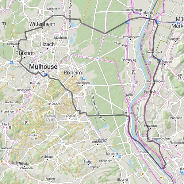 Map miniature of "Riverside Road Adventure" cycling inspiration in Freiburg, Germany. Generated by Tarmacs.app cycling route planner