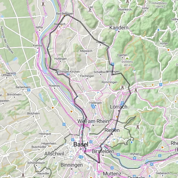Map miniature of "Countryside Road Escape" cycling inspiration in Freiburg, Germany. Generated by Tarmacs.app cycling route planner