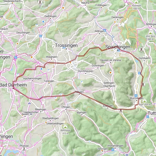 Map miniature of "Rural Gravel Adventure" cycling inspiration in Freiburg, Germany. Generated by Tarmacs.app cycling route planner
