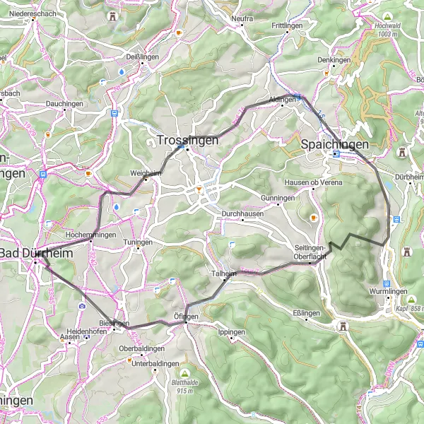 Karten-Miniaturansicht der Radinspiration "Road Tour durch die Region um Bad Dürrheim" in Freiburg, Germany. Erstellt vom Tarmacs.app-Routenplaner für Radtouren