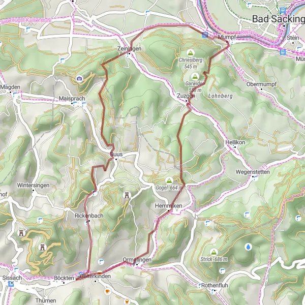 Karten-Miniaturansicht der Radinspiration "Kurz und knackig - Gravel Tour" in Freiburg, Germany. Erstellt vom Tarmacs.app-Routenplaner für Radtouren