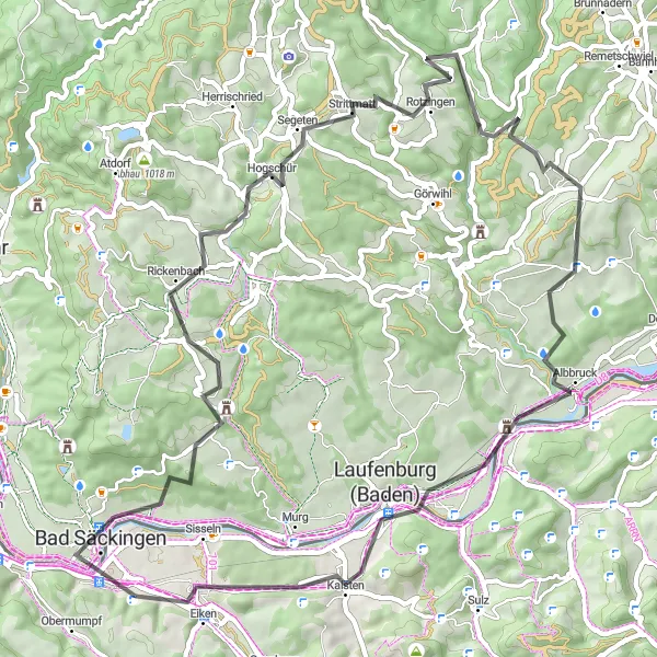 Karten-Miniaturansicht der Radinspiration "Bad Säckingen und Monte Christo Road Tour" in Freiburg, Germany. Erstellt vom Tarmacs.app-Routenplaner für Radtouren