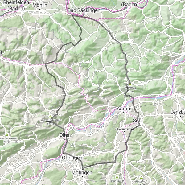 Map miniature of "Road Cycling Adventure to Unterer Hauenstein" cycling inspiration in Freiburg, Germany. Generated by Tarmacs.app cycling route planner