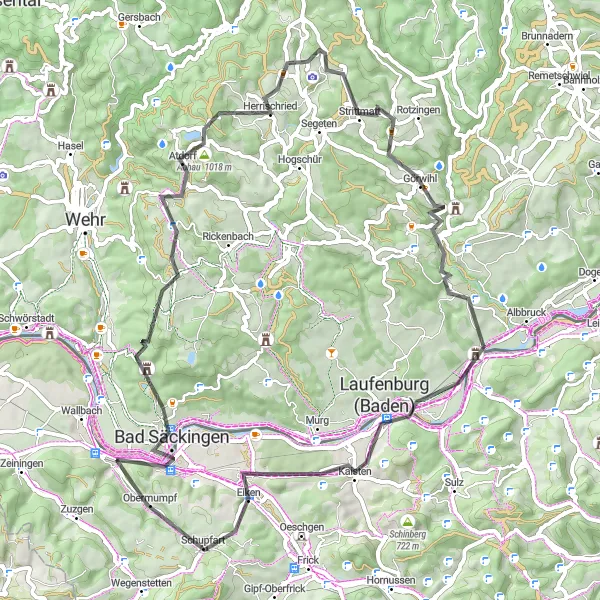 Map miniature of "Bad Säckingen Loop" cycling inspiration in Freiburg, Germany. Generated by Tarmacs.app cycling route planner
