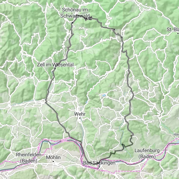 Map miniature of "Scenic Black Forest Tour" cycling inspiration in Freiburg, Germany. Generated by Tarmacs.app cycling route planner