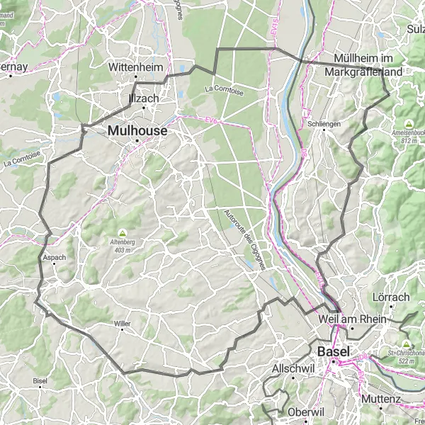 Karten-Miniaturansicht der Radinspiration "Weinberge und Traditionen Tour" in Freiburg, Germany. Erstellt vom Tarmacs.app-Routenplaner für Radtouren