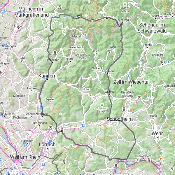 Karten-Miniaturansicht der Radinspiration "Historische Straßen und malerische Ausblicke" in Freiburg, Germany. Erstellt vom Tarmacs.app-Routenplaner für Radtouren