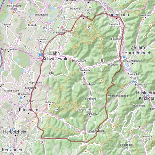 Map miniature of "Scenic Hills and Valleys Gravel Ride" cycling inspiration in Freiburg, Germany. Generated by Tarmacs.app cycling route planner