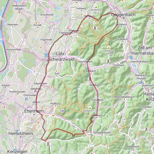 Map miniature of "Steep Climbs and Scenic Views Gravel Ride" cycling inspiration in Freiburg, Germany. Generated by Tarmacs.app cycling route planner