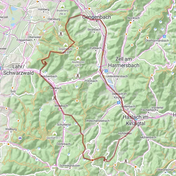 Map miniature of "Adventure through Valleys and Forests Gravel Ride" cycling inspiration in Freiburg, Germany. Generated by Tarmacs.app cycling route planner