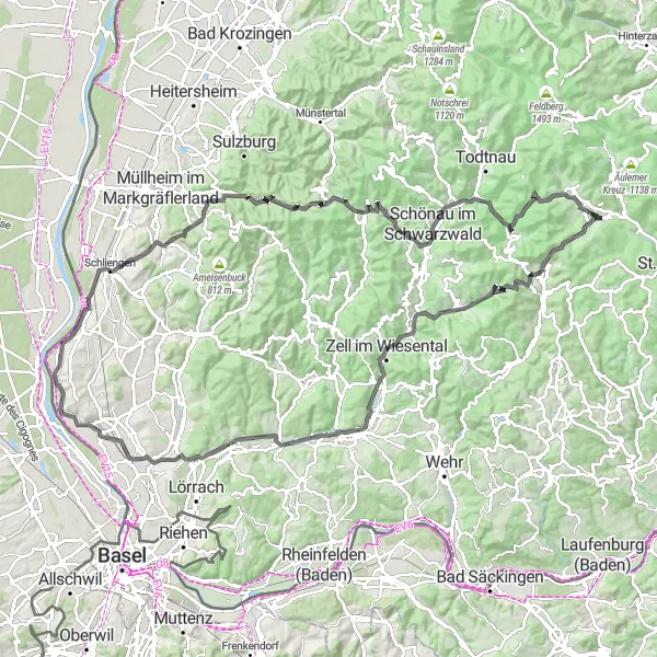 Karten-Miniaturansicht der Radinspiration "Rundtour ab Bernau" in Freiburg, Germany. Erstellt vom Tarmacs.app-Routenplaner für Radtouren