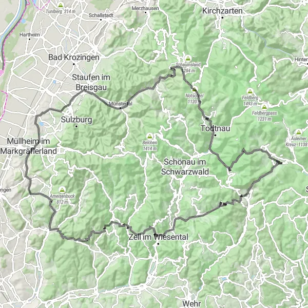 Karten-Miniaturansicht der Radinspiration "Herausfordernde Road-Tour durch den Schwarzwald" in Freiburg, Germany. Erstellt vom Tarmacs.app-Routenplaner für Radtouren
