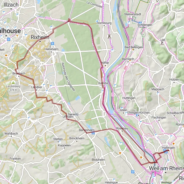 Map miniature of "Gravel Cycling Adventure around Binzen" cycling inspiration in Freiburg, Germany. Generated by Tarmacs.app cycling route planner