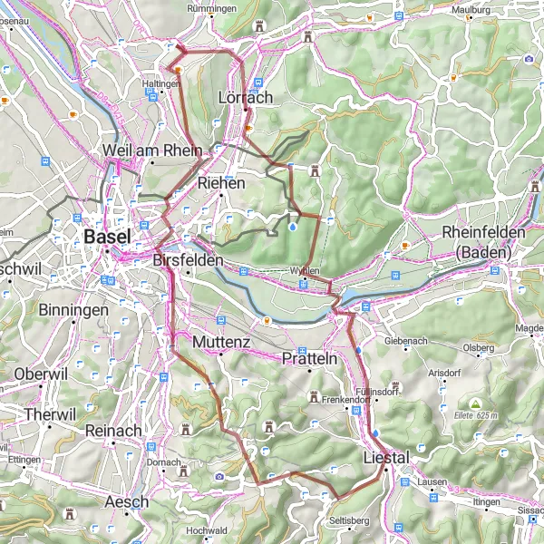 Map miniature of "Lörrach - Binzen Gravel Loop" cycling inspiration in Freiburg, Germany. Generated by Tarmacs.app cycling route planner