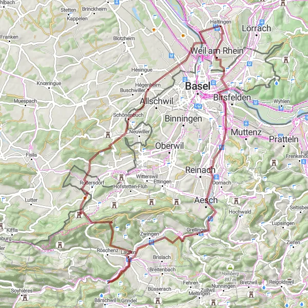 Map miniature of "Weil am Rhein - Binzen Gravel Loop" cycling inspiration in Freiburg, Germany. Generated by Tarmacs.app cycling route planner
