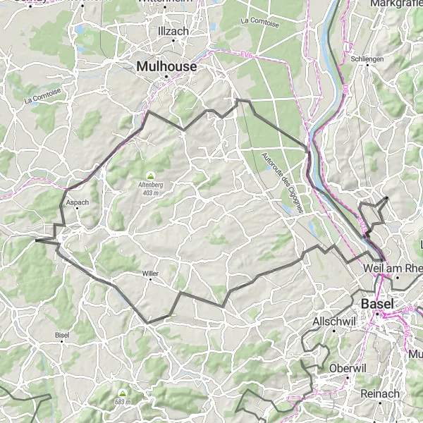 Map miniature of "Road Cycling Bliss from Binzen" cycling inspiration in Freiburg, Germany. Generated by Tarmacs.app cycling route planner