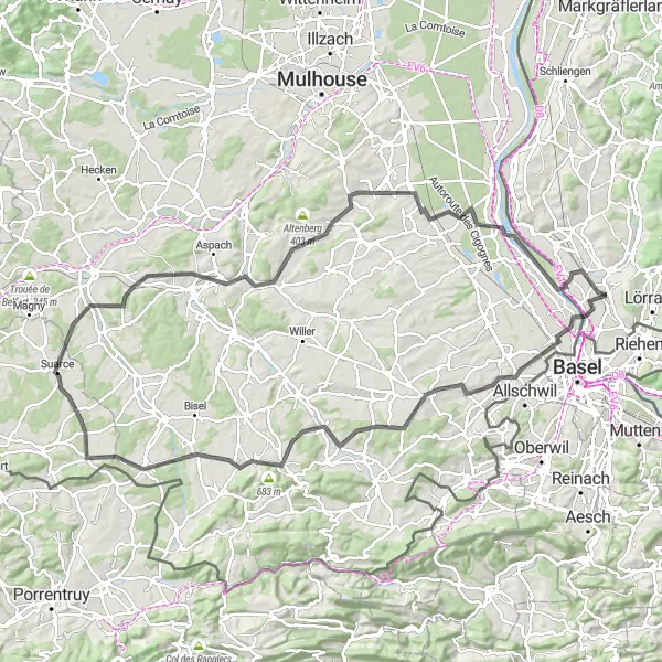 Map miniature of "Huningue - Binzen Road Loop" cycling inspiration in Freiburg, Germany. Generated by Tarmacs.app cycling route planner