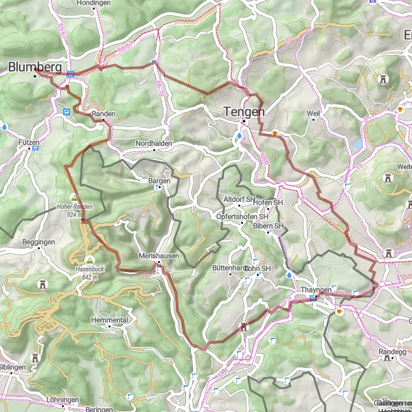 Map miniature of "Thrilling Gravel Adventure" cycling inspiration in Freiburg, Germany. Generated by Tarmacs.app cycling route planner