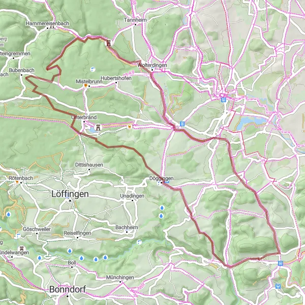 Map miniature of "Blumberg - Buchberg - Mundelfingen - Burgruine Kirnberg - Fohrenbühl - Tierstein - Ruine Zindelstein - Bräunlingen - Hornberg - Eichberg - Blumberg" cycling inspiration in Freiburg, Germany. Generated by Tarmacs.app cycling route planner