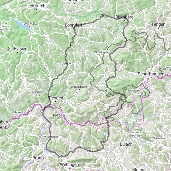 Map miniature of "Blumberg - Beggingen - Schloss Neunkirch - Hüntwangen - Stadlerturm - Niederweningen - Nussbaumen - Fischerhaus - Aichen - Witzeneichen - Birkendorf - Lindenbuck - Achdorf" cycling inspiration in Freiburg, Germany. Generated by Tarmacs.app cycling route planner