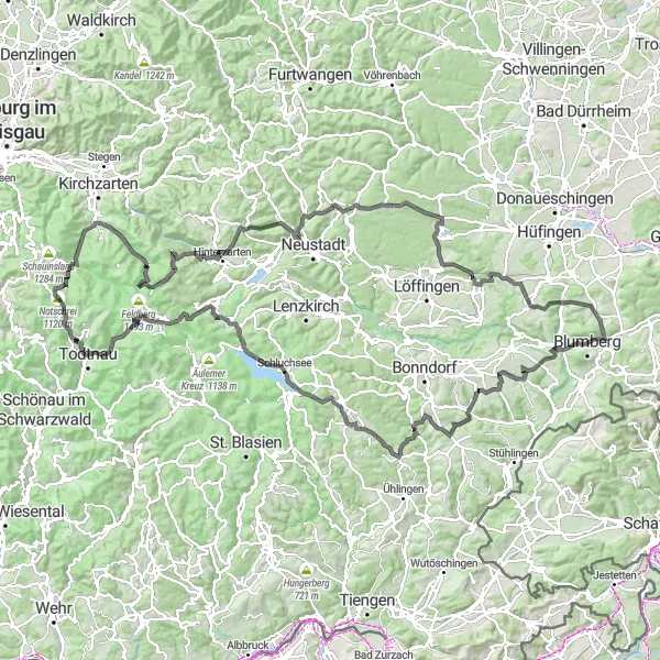 Karten-Miniaturansicht der Radinspiration "Epische Roadtour durch die Naturwunder rund um Blumberg" in Freiburg, Germany. Erstellt vom Tarmacs.app-Routenplaner für Radtouren