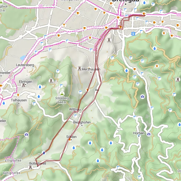 Karten-Miniaturansicht der Radinspiration "Gravel-Tour durch Wiehre und Sölden" in Freiburg, Germany. Erstellt vom Tarmacs.app-Routenplaner für Radtouren