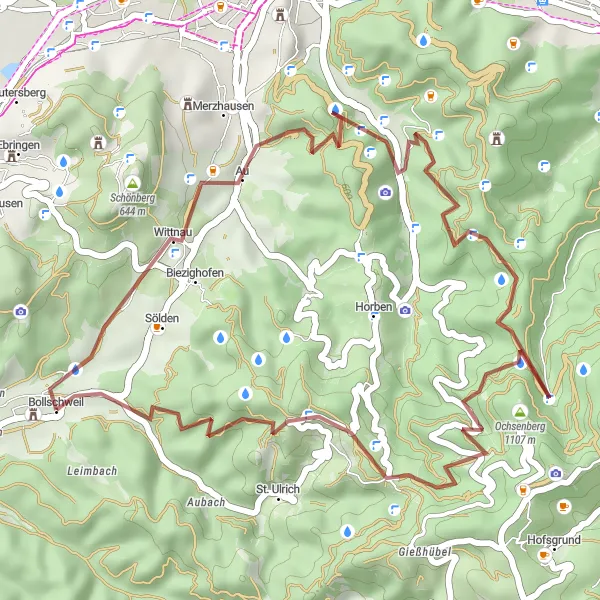 Karten-Miniaturansicht der Radinspiration "Gravel-Abenteuer um Au und St. Ulrich" in Freiburg, Germany. Erstellt vom Tarmacs.app-Routenplaner für Radtouren
