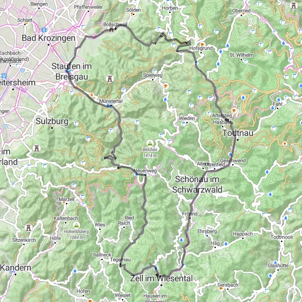 Karten-Miniaturansicht der Radinspiration "Hügeliges Abenteuer um Freiburg" in Freiburg, Germany. Erstellt vom Tarmacs.app-Routenplaner für Radtouren
