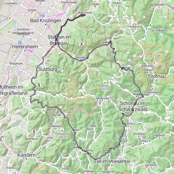 Karten-Miniaturansicht der Radinspiration "Rundtour um Freiburg mit Panoramablicken" in Freiburg, Germany. Erstellt vom Tarmacs.app-Routenplaner für Radtouren