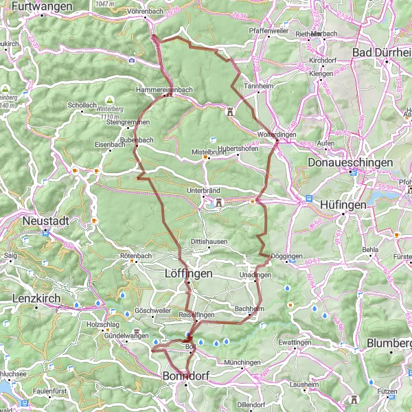Karten-Miniaturansicht der Radinspiration "Graveltour von Bonndorf bis Lindenbuck und zurück" in Freiburg, Germany. Erstellt vom Tarmacs.app-Routenplaner für Radtouren