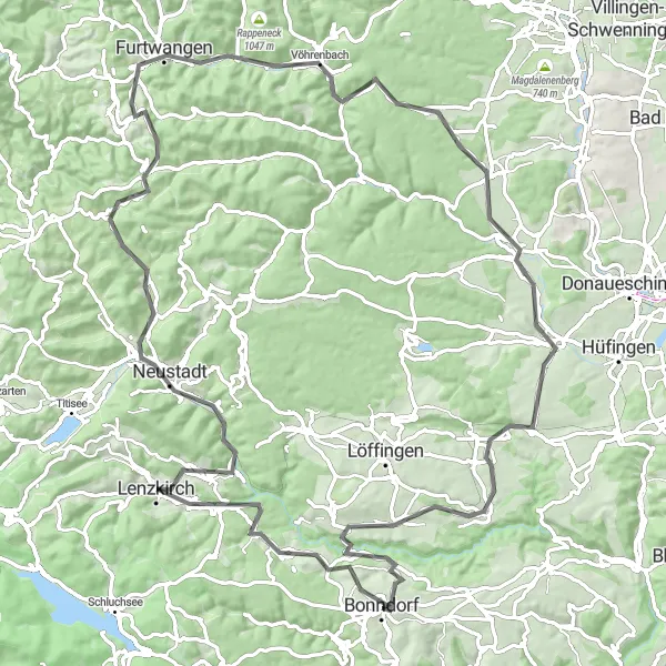 Karten-Miniaturansicht der Radinspiration "Schwarzwald-Rundweg von Bonndorf" in Freiburg, Germany. Erstellt vom Tarmacs.app-Routenplaner für Radtouren