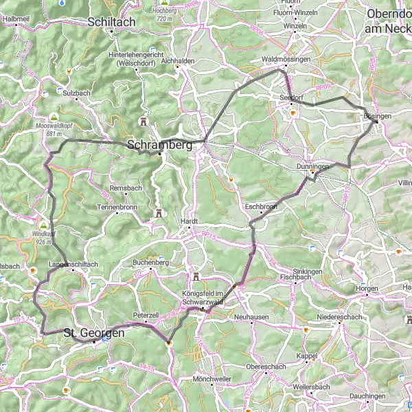 Map miniature of "Road Cycling Adventure from Bösingen to Sulgen" cycling inspiration in Freiburg, Germany. Generated by Tarmacs.app cycling route planner