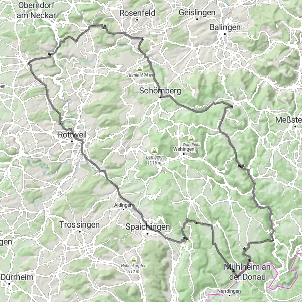 Map miniature of "Road and Gravel Cycling Tour through Nusplingen and Rottweil" cycling inspiration in Freiburg, Germany. Generated by Tarmacs.app cycling route planner