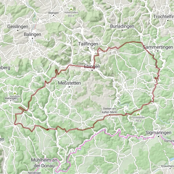 Map miniature of "Heuberg Highlands Gravel Adventure" cycling inspiration in Freiburg, Germany. Generated by Tarmacs.app cycling route planner