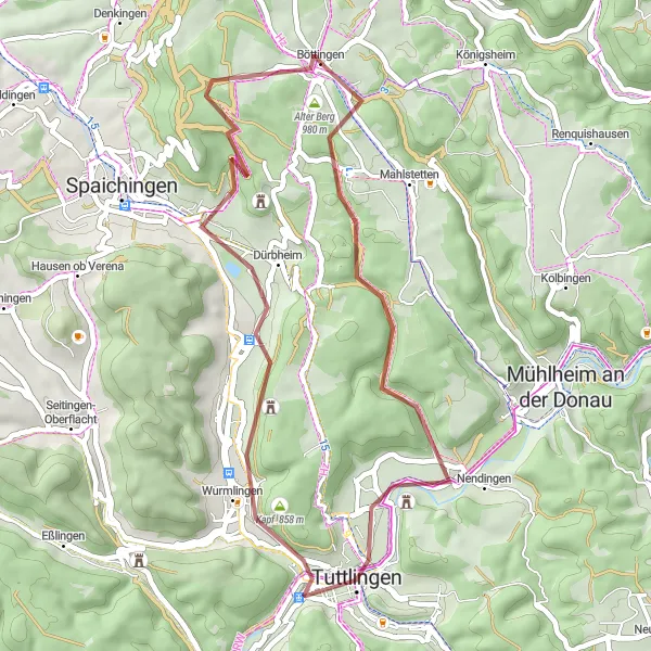 Map miniature of "Böttingen Countryside Gravel Loop" cycling inspiration in Freiburg, Germany. Generated by Tarmacs.app cycling route planner