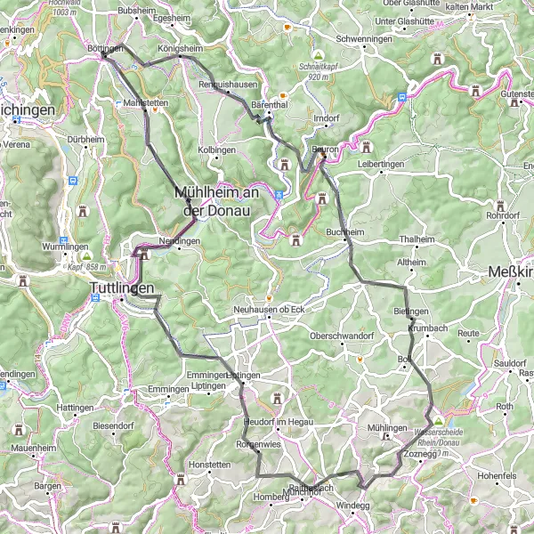 Map miniature of "Wachtbühl - Böttingen Tour" cycling inspiration in Freiburg, Germany. Generated by Tarmacs.app cycling route planner