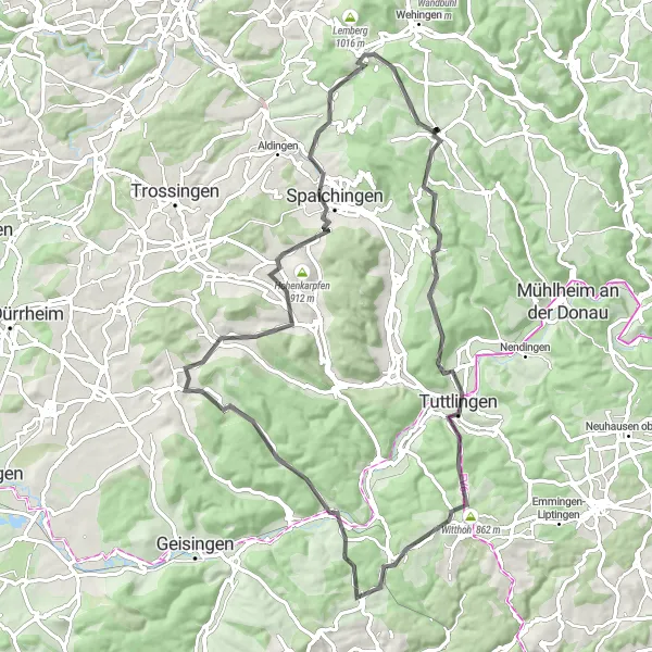 Map miniature of "Alter Berg - Tuttlingen Circuit" cycling inspiration in Freiburg, Germany. Generated by Tarmacs.app cycling route planner