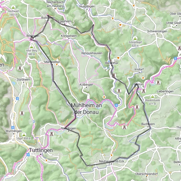 Map miniature of "Bubsheim - Glatter Fels Loop" cycling inspiration in Freiburg, Germany. Generated by Tarmacs.app cycling route planner