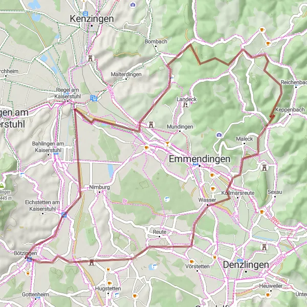Map miniature of "The Gravel Explorer - Bötzingen Circuit" cycling inspiration in Freiburg, Germany. Generated by Tarmacs.app cycling route planner