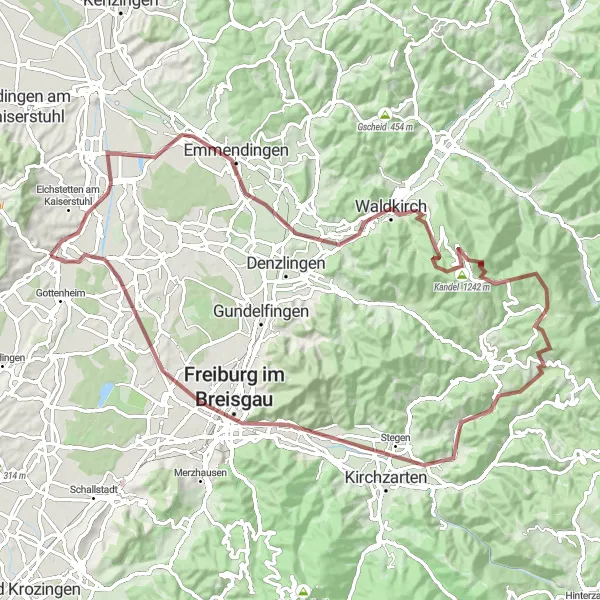 Map miniature of "The Ultimate Gravel Challenge - Bötzingen Loop" cycling inspiration in Freiburg, Germany. Generated by Tarmacs.app cycling route planner