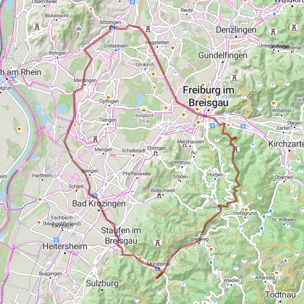 Map miniature of "The Gravel Adventure - Bötzingen Loop" cycling inspiration in Freiburg, Germany. Generated by Tarmacs.app cycling route planner
