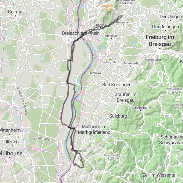 Karten-Miniaturansicht der Radinspiration "Rundfahrt durch den Kaiserstuhl und das Markgräflerland" in Freiburg, Germany. Erstellt vom Tarmacs.app-Routenplaner für Radtouren