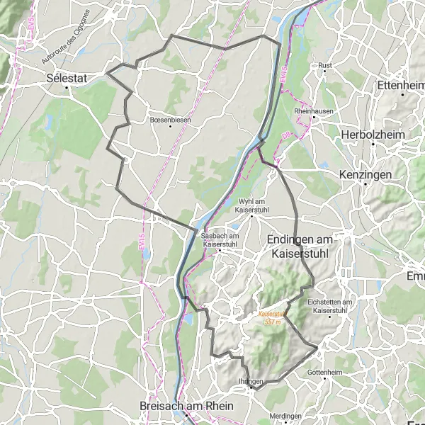 Map miniature of "Crossing Rhine Bike Trip" cycling inspiration in Freiburg, Germany. Generated by Tarmacs.app cycling route planner