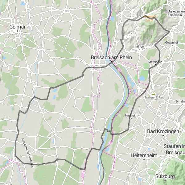 Map miniature of "Kaiserstuhl Adventure" cycling inspiration in Freiburg, Germany. Generated by Tarmacs.app cycling route planner