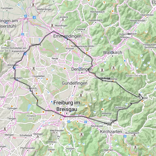 Map miniature of "Kaiserstuhl Loop" cycling inspiration in Freiburg, Germany. Generated by Tarmacs.app cycling route planner