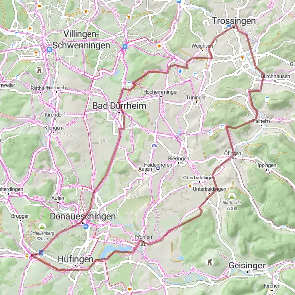 Map miniature of "Scenic Gravel Ride through Bad Dürrheim and Trossingen" cycling inspiration in Freiburg, Germany. Generated by Tarmacs.app cycling route planner